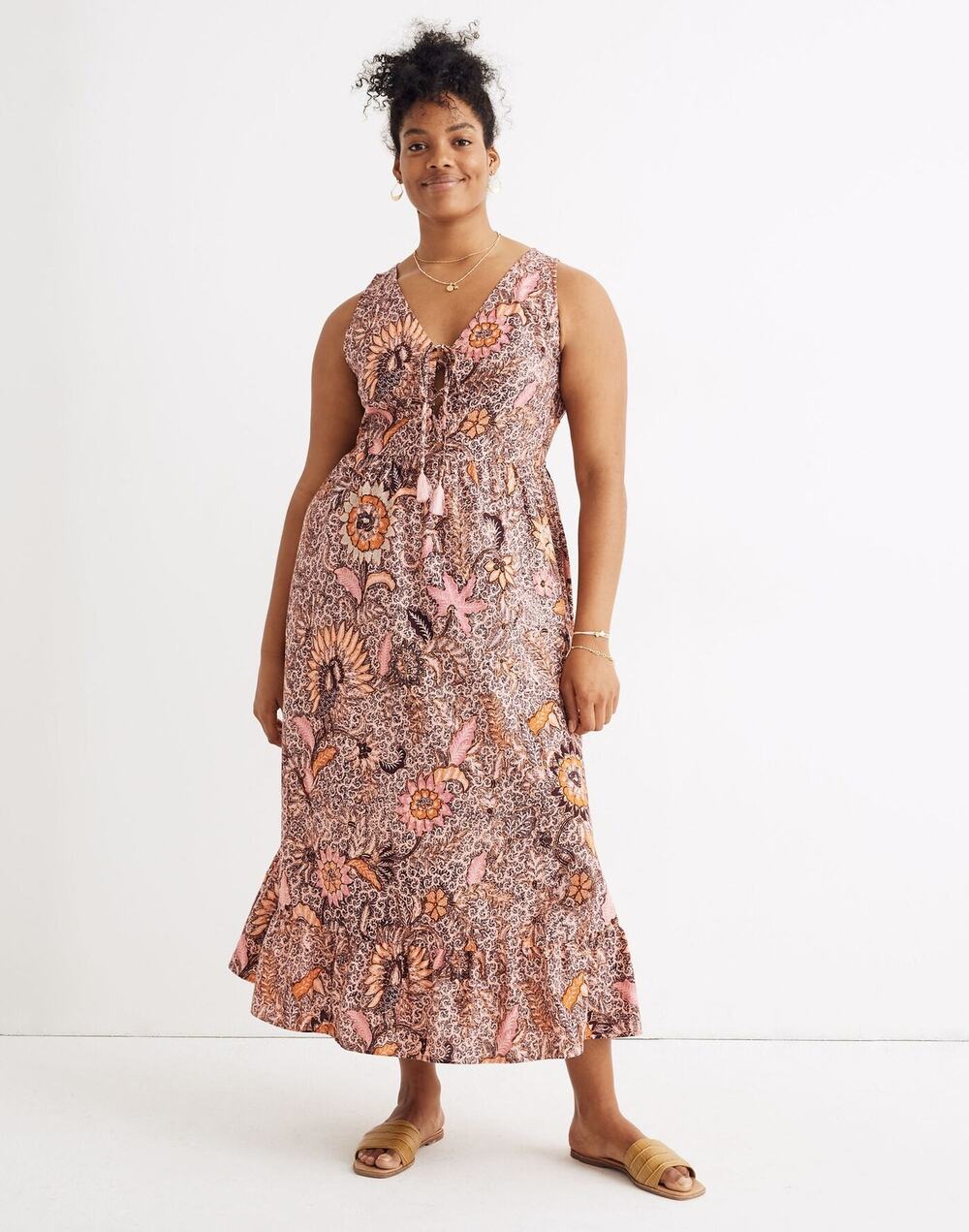 Madewell Cotton Lace-Up Ruffle-Hem Midi Dress in Bali Blooms Bohemian Size 8